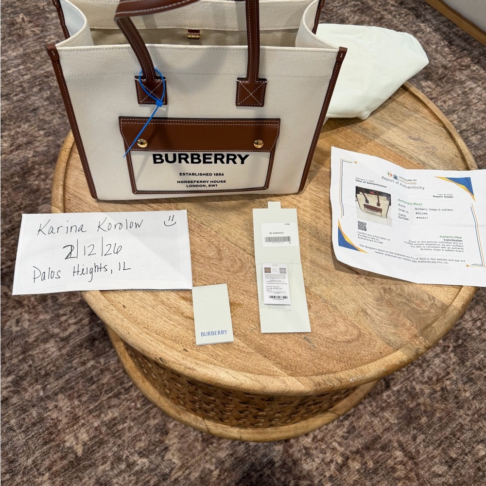 Burberry Cream Tote with Brown Leather Trim